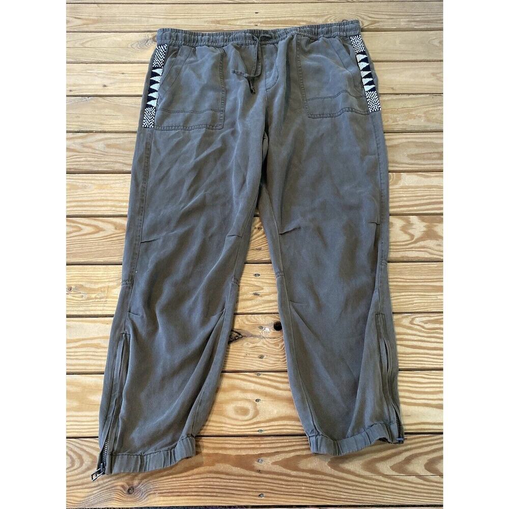 #837 PAM & GELA Olive Drawstring Jogger Pants with Black & White Beaded Trim